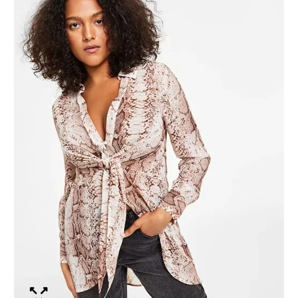 NWT Bar III Snake Print Sheer Tie/Button Front Blouse Size Med. Ret. $59.50 - Picture 2 of 13